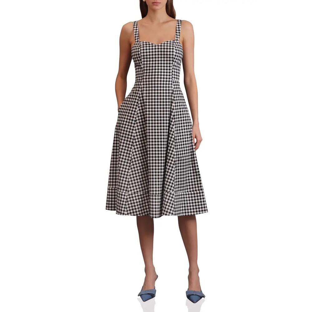 Avec Les Filles Fit and Flare Sweetheart Midi Dress Gingham Sz 2 Classic